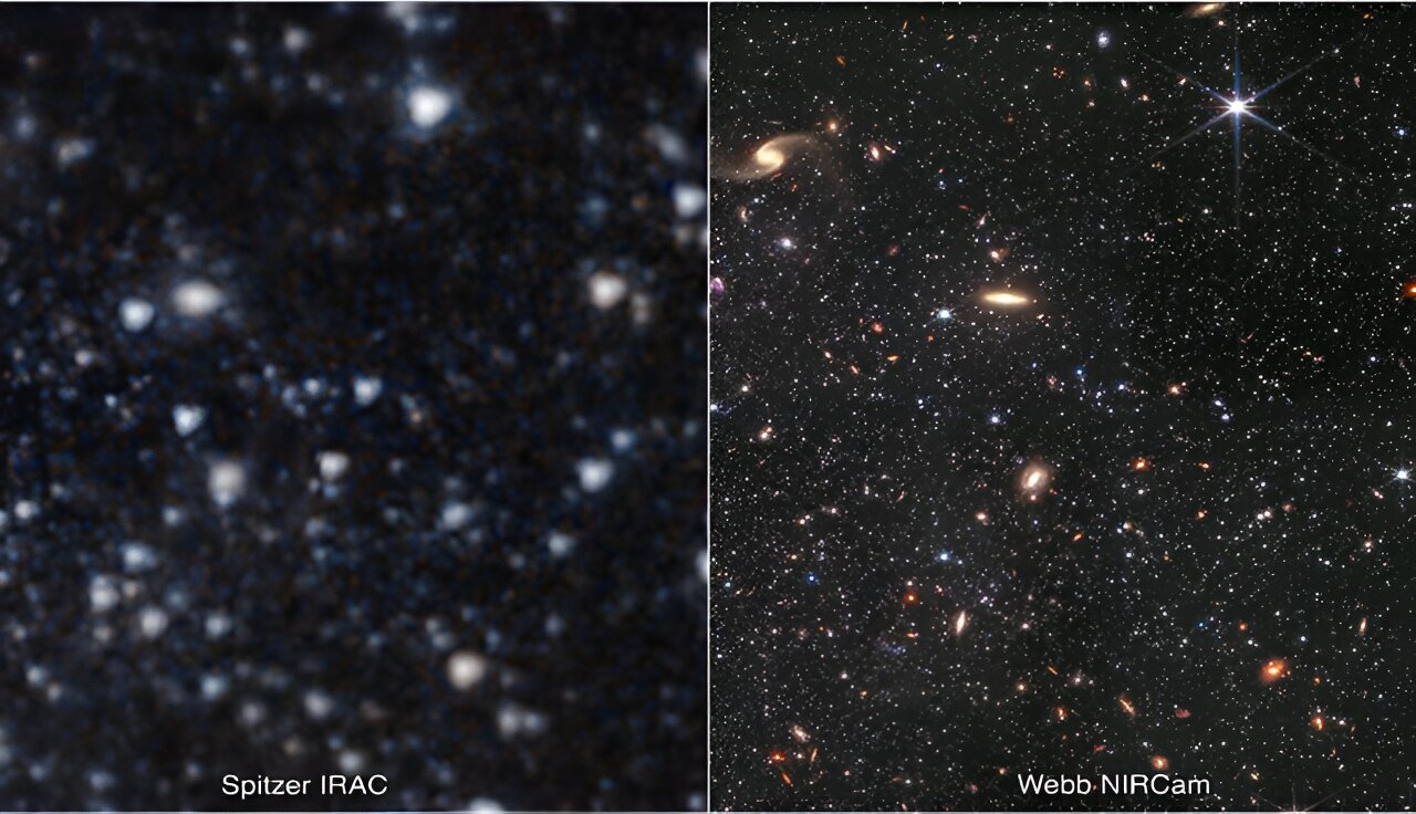 Dva pogleda na dio galaksije WLM, jedan snimljen NASA-inim svemirskim teleskopom Hubble (lijevo), drugi svemirskim teleskopom James Webb. Zasluge: NASA.