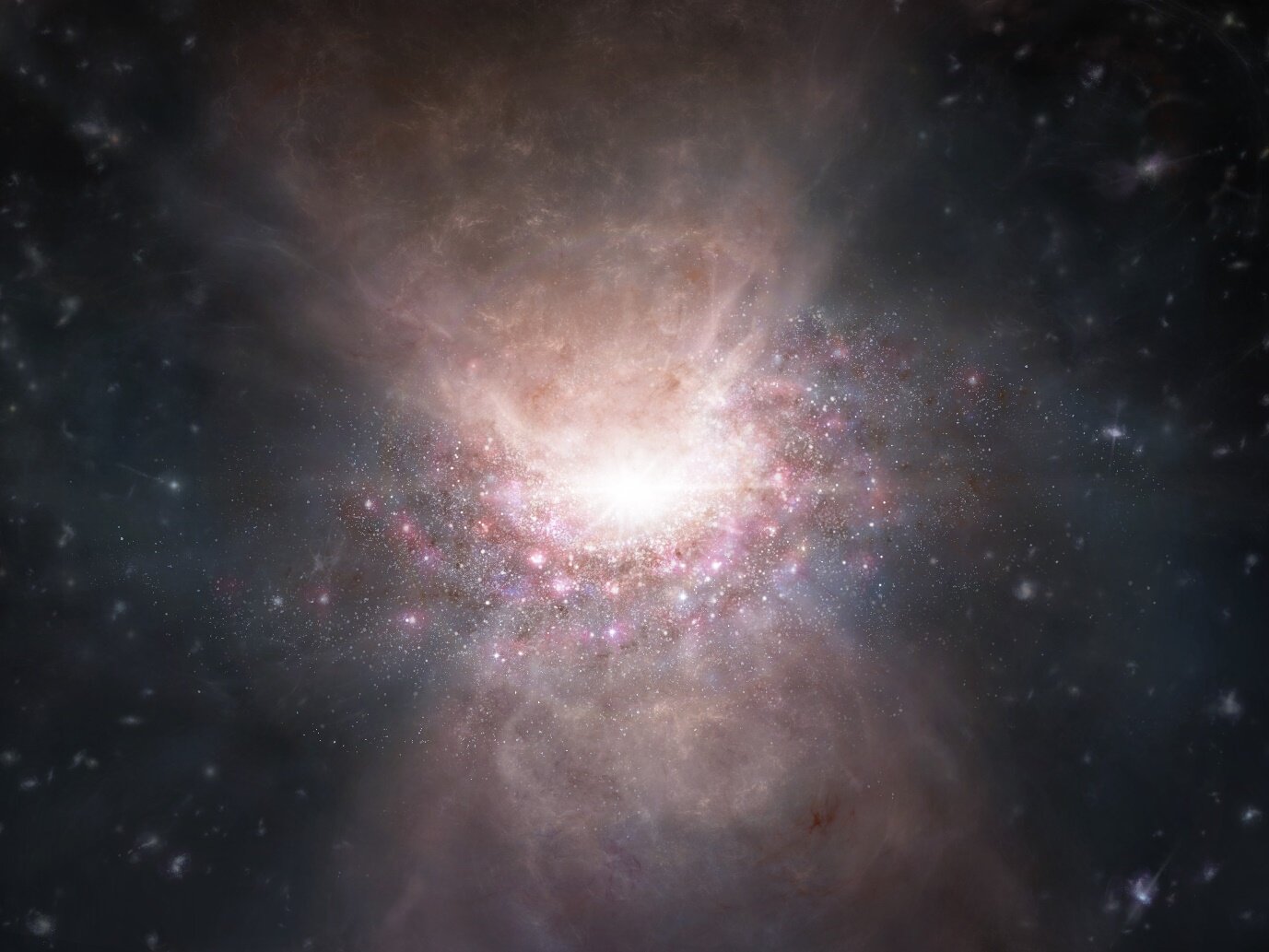 Ilustracija izbacivanja molekularnog plina iz kvazara J2054-0005. Zasluge: ALMA (ESO).