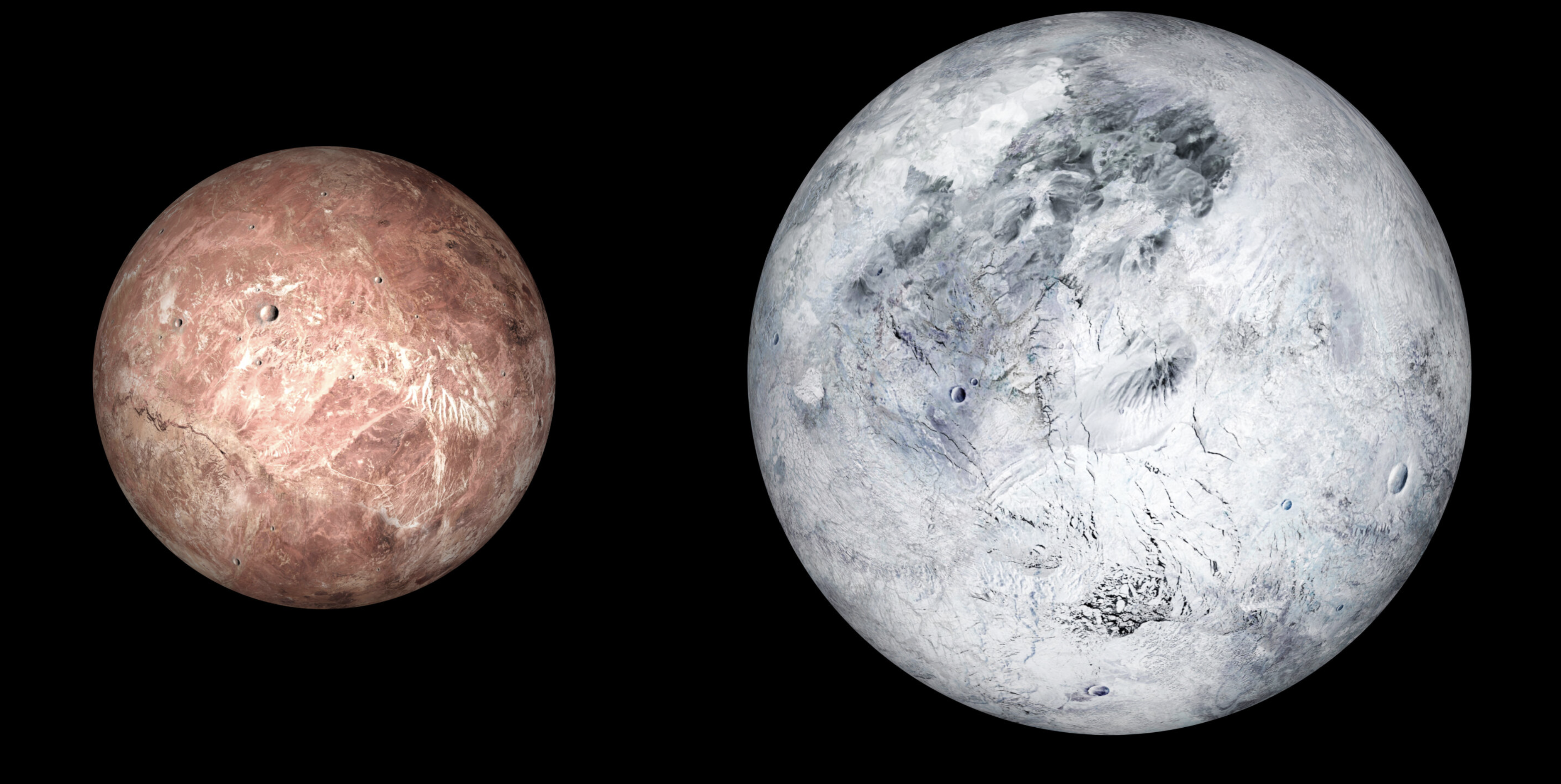 Ilustracija patuljastih planeta Makemake (lijevo) i Eris (desno).