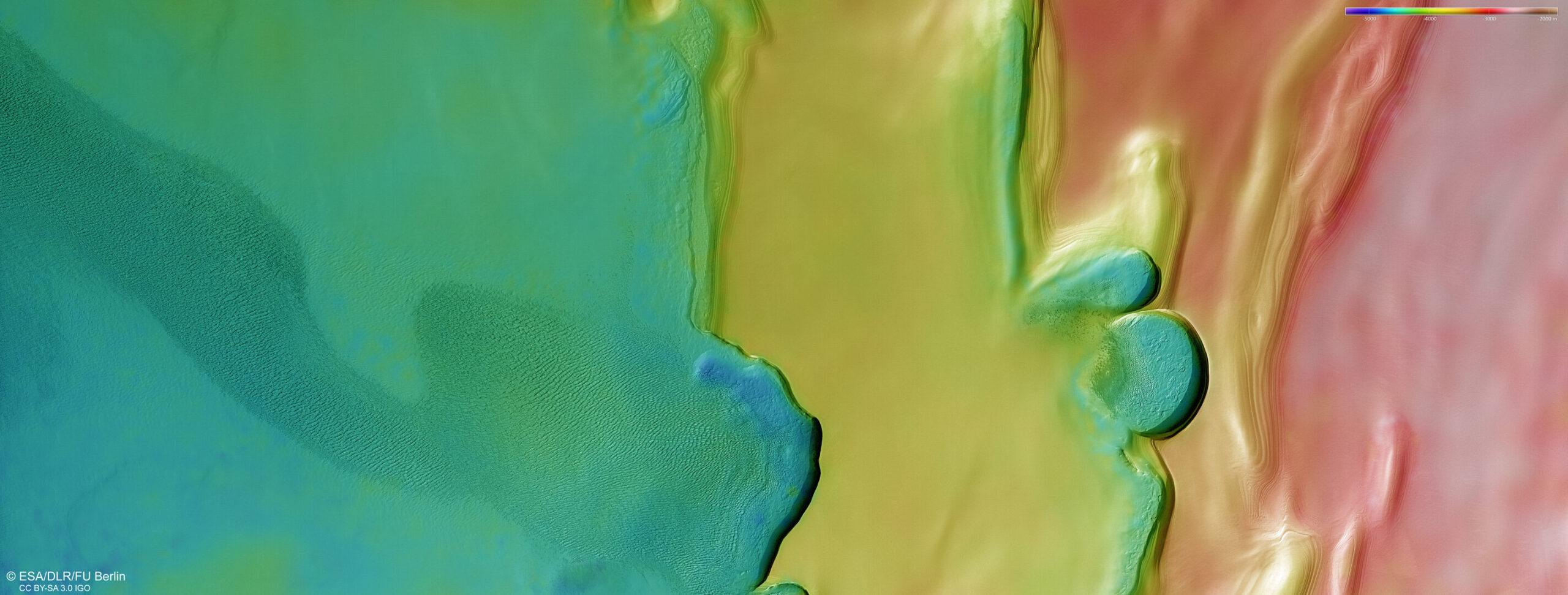 Topografija sjevernog polarnog područja Marsa. Zasluge: ESA/DLR/FU Berlin.