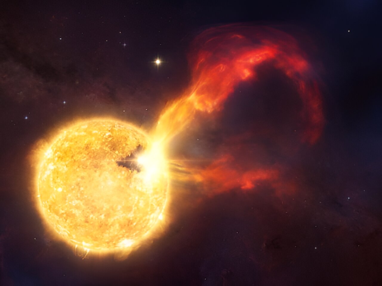 Umjetnički prikaz bljeska iz HD 283572, mlade obližnje zvijezde. Zasluge CfA