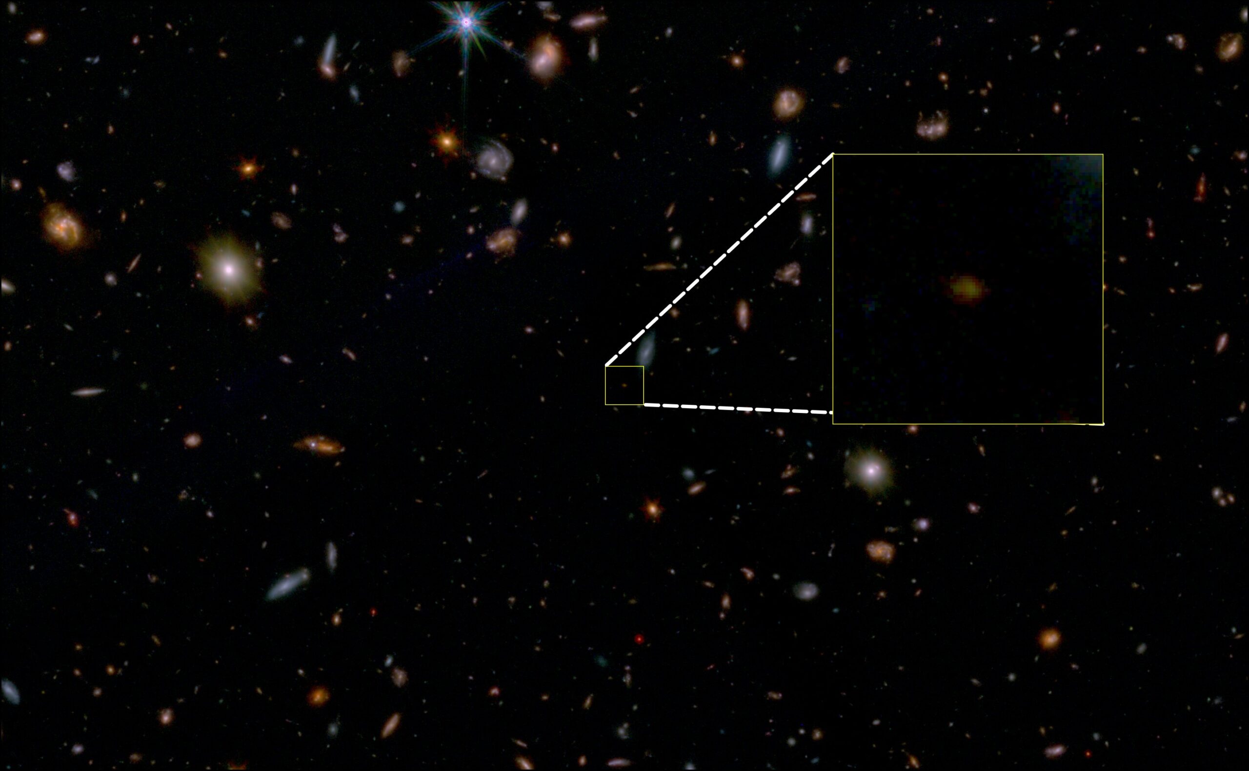 JWST slika u lažnoj boji malog dijela južnog polja GOODS, s istaknutim JADES-GS-z7-01-QU. Ova vrsta galaksije je izuzetno rijetka. Zasluge: Suradnja JADES.