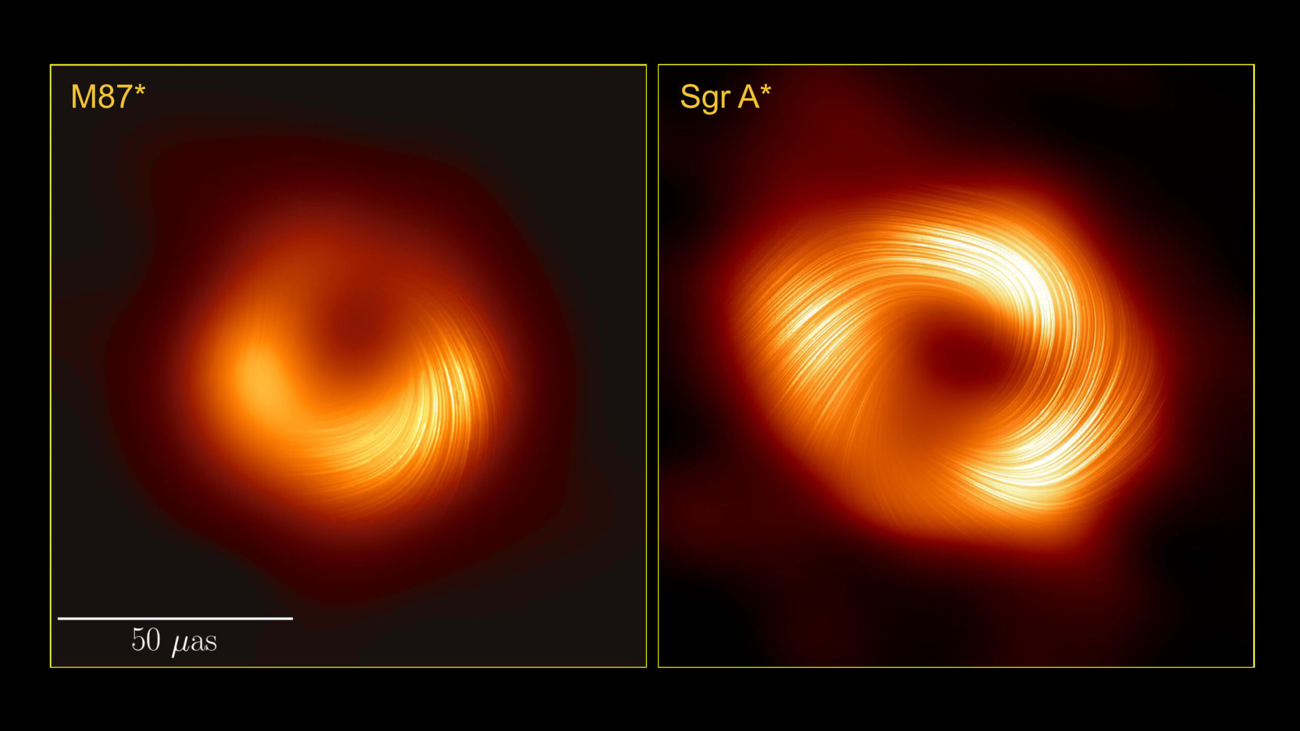 Na ovoj usporedbi, prikazanoj u polariziranoj svjetlosti, supermasivne crne rupe M87* i Sagittarius A* otkrivaju sličnosti u strukturi svojih magnetskih polja, što znanstvenicima pruža ključne uvide. Ovaj nalaz je od iznimne važnosti jer upućuje na mogućnost da su osnovni fizički procesi koji reguliraju apsorpciju materije i lansiranje mlazova od strane crnih rupa zapravo univerzalni među supermasivnim crnim rupama. Zahvaljujući suradnji EHT.