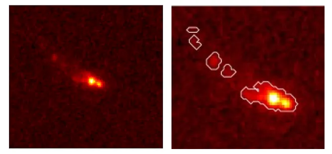 Gz9p3, najsjajnija poznata spajajuća galaksija u prvih 500 milijuna godina svemira (promatrana putem JWST-a) Lijevo: izravno snimanje pokazuje jezgru s dvostrukim središtem unutar središnje regije. Desno: Konture svjetlosnog profila otkrivaju produženu grudastu strukturu nastalu spajanjem galaksija. Zasluge: Glass collaboration.