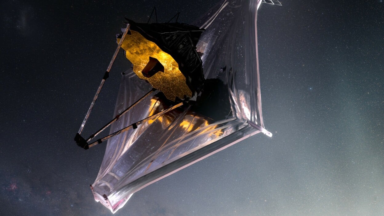 Ilustracija svemirskog teleskopa James Webb koji se nalazi 1.6 milijuna kilometara od Zemlje. Zasluge: NASA GSFC.