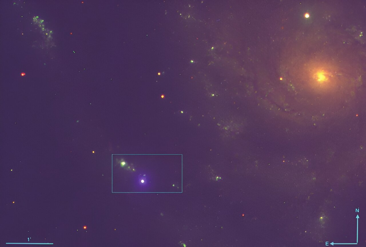 Kompozitni prikaz dobiven pomoću Liverpool teleskopa ističe položaj SN 2023ixf, supernove crvenog superdiva (objekta plave boje unutar pravokutnika), koja se odvila 22 milijuna svjetlosnih godina od Zemlje, smještena u galaksiji M101. Zasluge: E. Zimmerman i suradnici, Weizmannov institut za znanost/Liverpool teleskop.