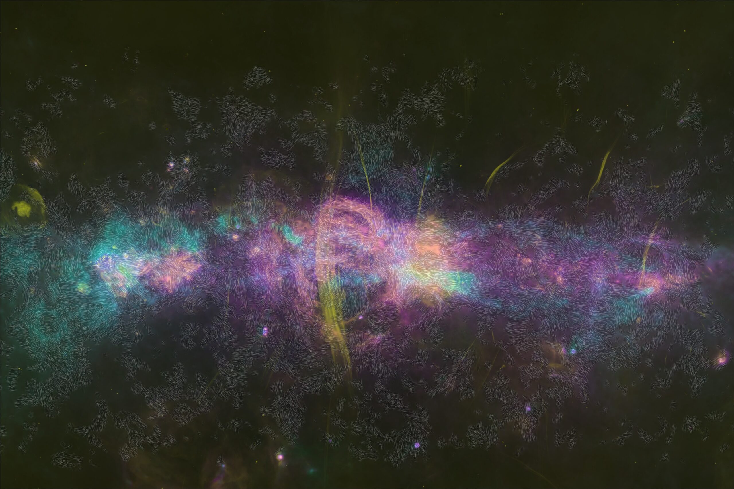 Karta središta Mliječne staze prikazuje vrući plin u ružičastoj nijansi, hladnu prašinu u plavoj i filamente koji emitiraju radio-valove u žutoj boji. Zasluge: Sveučilištu Villanova/Paré, Karpovich, Chuss (voditelj istraživanja).