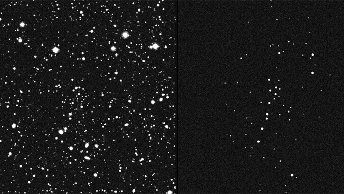 Lijevo, široki pogled na zvijezde s UMa3/U1 skrivenim unutar njih, i desno, detaljniji prikaz grupe zvijezda koje su međusobno gravitacijski povezane u orbiti oko Mliječne staze. (Zasluge: (lijevo) S. Smith, (desno) CFHT/S. Gwyn)