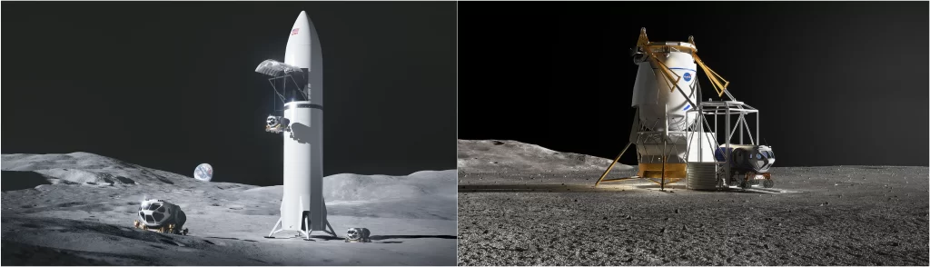 Prve konceptualne ilustracije teretnih verzija lunarnih landera od strane NASA-inih partnera, SpaceX s lijeve i Blue Origin s desne strane. Zasluge: SpaceX- Blue Origins.