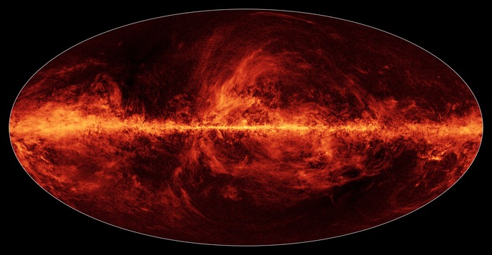 Ova slika prikazuje polariziranu prašinu koja osvjetljava galaksiju Mliječni put. Autor slike: Planck.