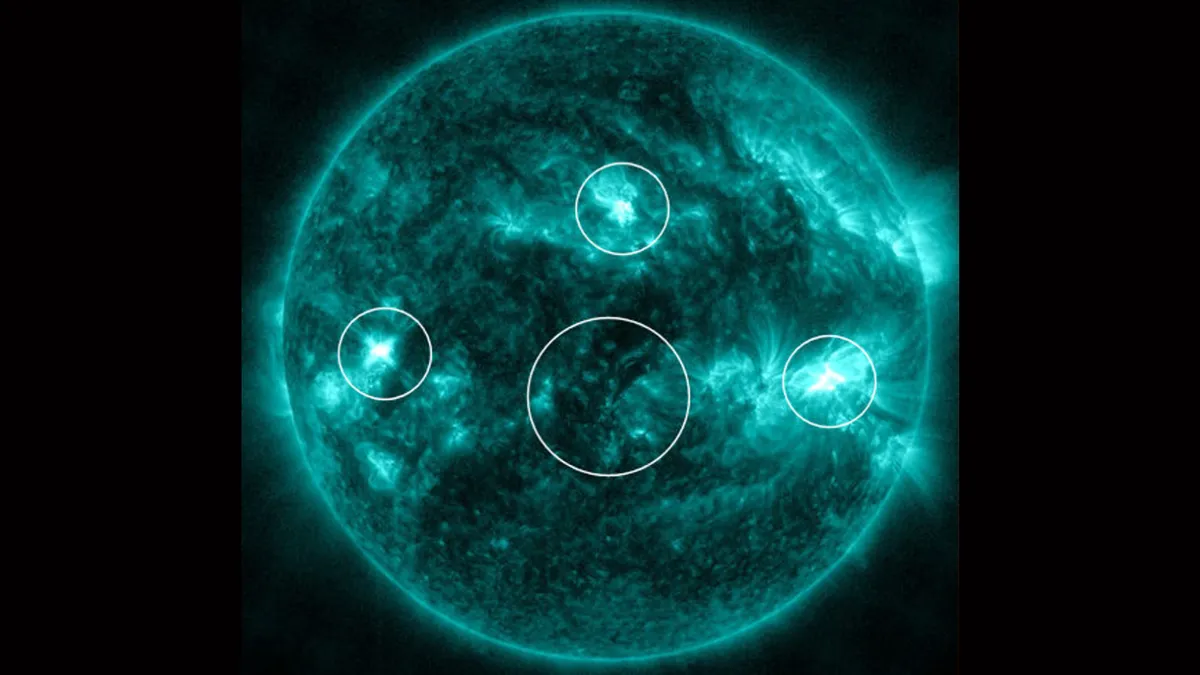Četiri sunčeve baklje eruptirale su gotovo istovremeno iz četiri odvojene regije Sunca 23. travnja. (Fotografija: NASA/SDO/AIA)