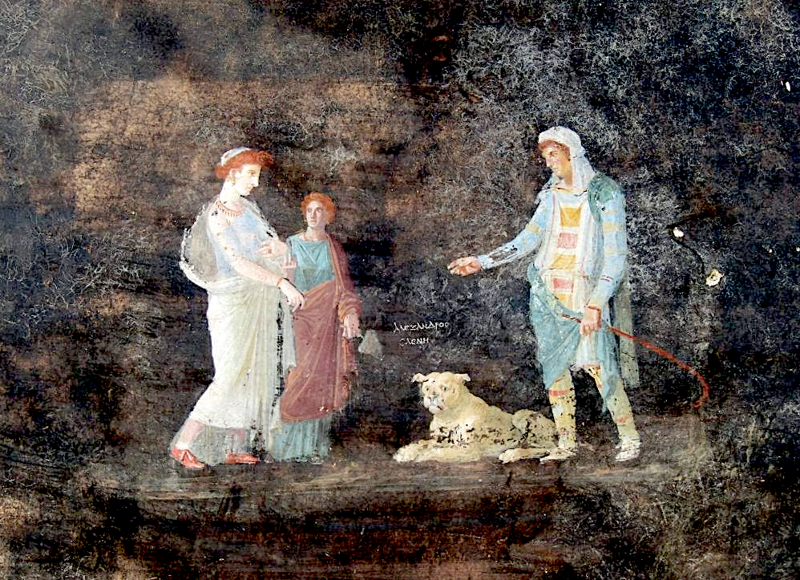 Ilustracija trojanskog princa Parisa (s desne strane) uz prekrasnu Helenu (s lijeve strane). Arheološki park Pompeji.