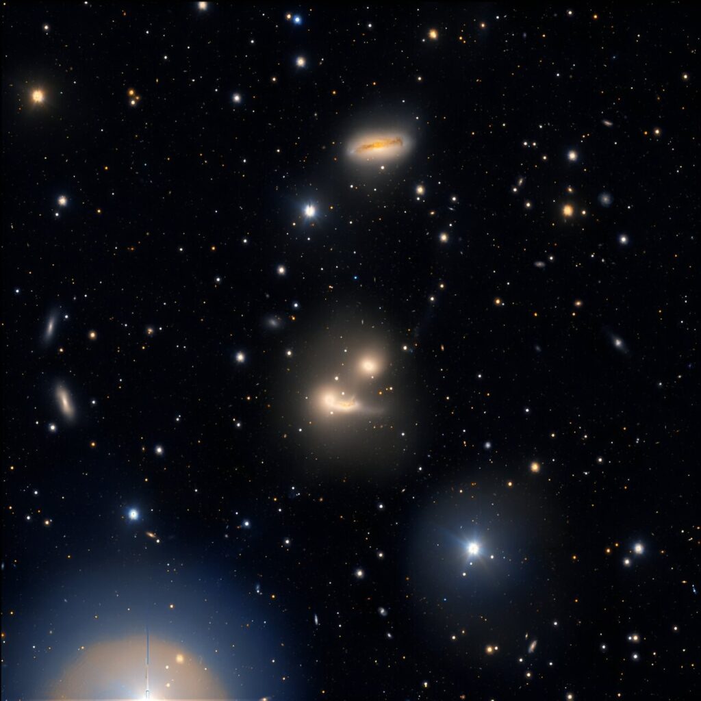 Mala skupina od četiri galaksije, nazvana Hickson Compact Group 90 (HGC 90), koja je udaljena oko 100 milijuna svjetlosnih godina od Zemlje, prema zviježđu Piscis Austrinus. Zasluge: INAF/VST/VEGAS, E. Iodice (INAF), M. Spavone (INAF), R. Calvi (INAF).