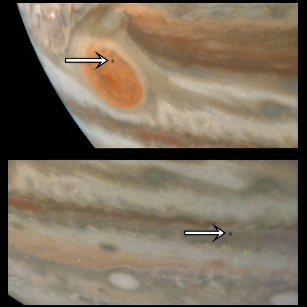 Amalteja (označena strelicom) prelazi ispred Jupitera. Izvor: NASA/JPL-Caltech/SwRI/MSSS. Obrada slike: Gerald Eichstädt.