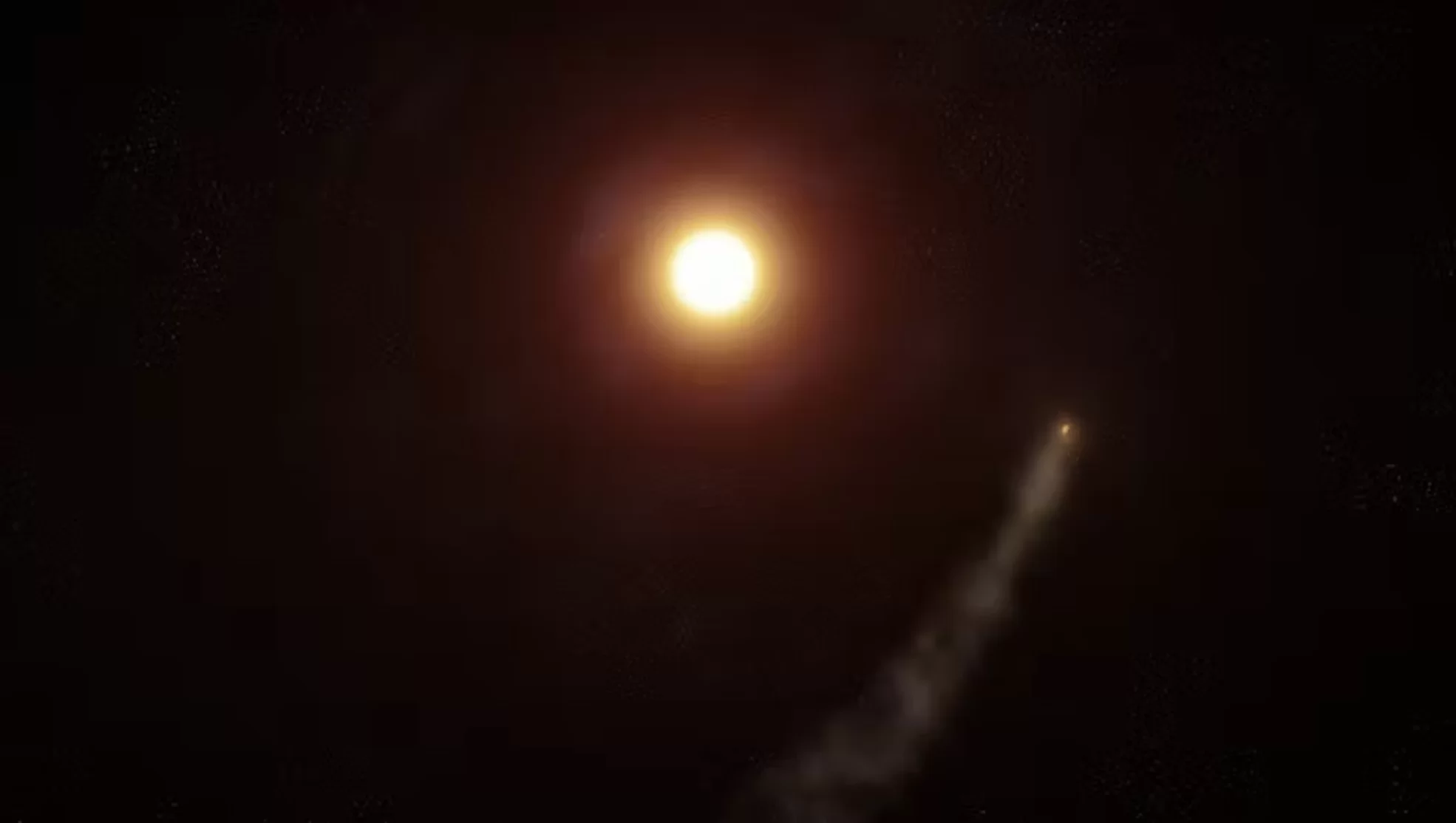 Umjetnička interpretacija pogleda na egzoplanet WASP-69b tijekom njegove orbite od 3,8 dana oko matične zvijezde. Njegova se atmosfera odvaja i oblikuje u dugi rep nalik kometi koji prati planet. (W. M. Keck Observatory/Adam Makarenko)