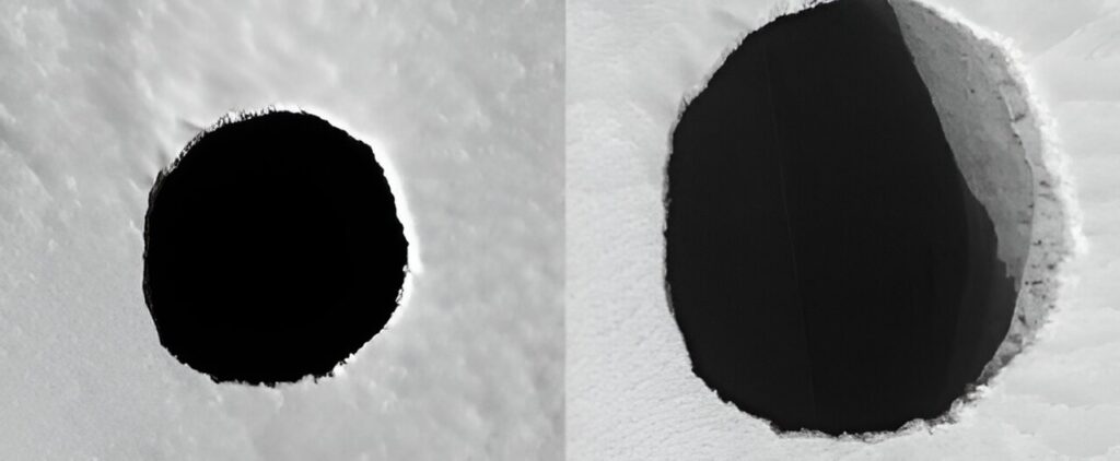 Slika s lijeve strane snimljena je prva, i znanstvenici su se pitali može li ova 'jama' voditi do tunela lave ili špilje. Zatim je snimljena slika s desne strane koja prikazuje bočni zid. Bočni zid bi mogao ukazivati na to da nema tunela ili špilje. Zasluge: NASA/JPL/University of Arizona.