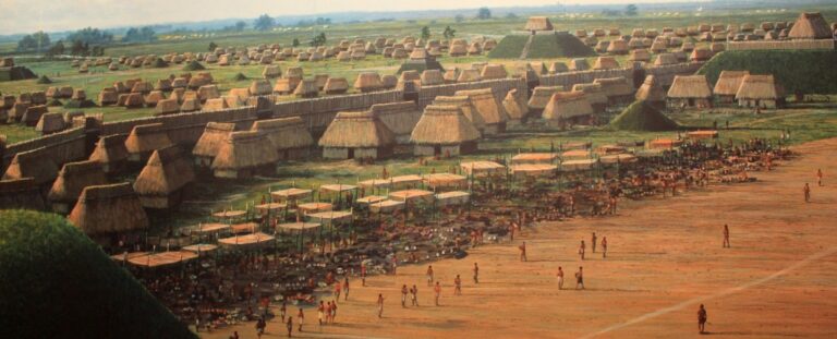 Umjetnička rekonstrukcija Cahokie. (Cahokia Mounds/CC0/Javno vlasništvo).