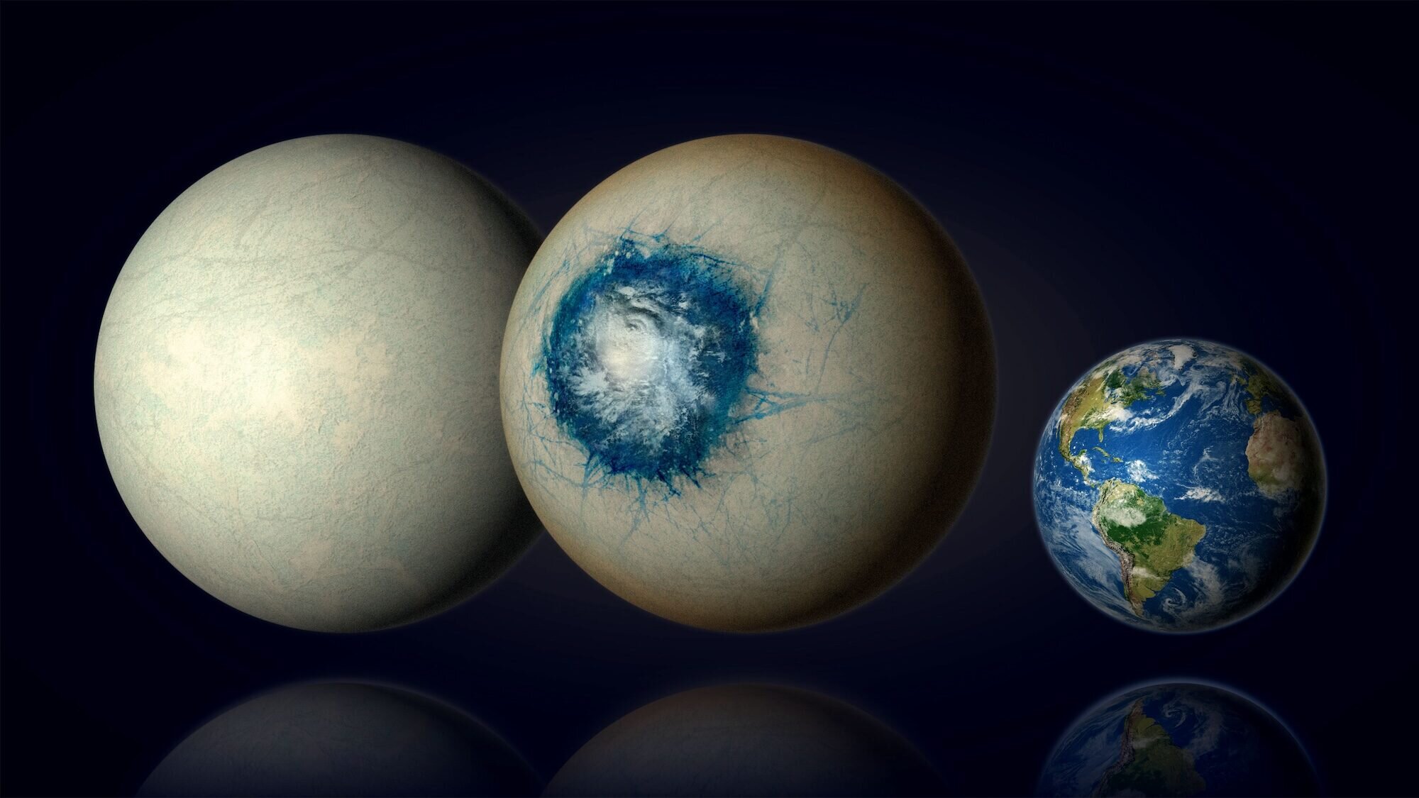 Egzoplanet LHS 1140 b može biti svijet potpuno prekriven ledom, slično Jupiterovom mjesecu Europi, ili ledeni svijet s tekućim oceanom ispod površine i oblacima u atmosferi. LHS 1140 b je 1,7 puta veći od Zemlje i najperspektivniji je egzoplanet u zoni nastanjivosti u potrazi za tekućom vodom izvan Sunčevog sustava. Zasluge: B. Gougeon/Sveučilište u Montrealu.