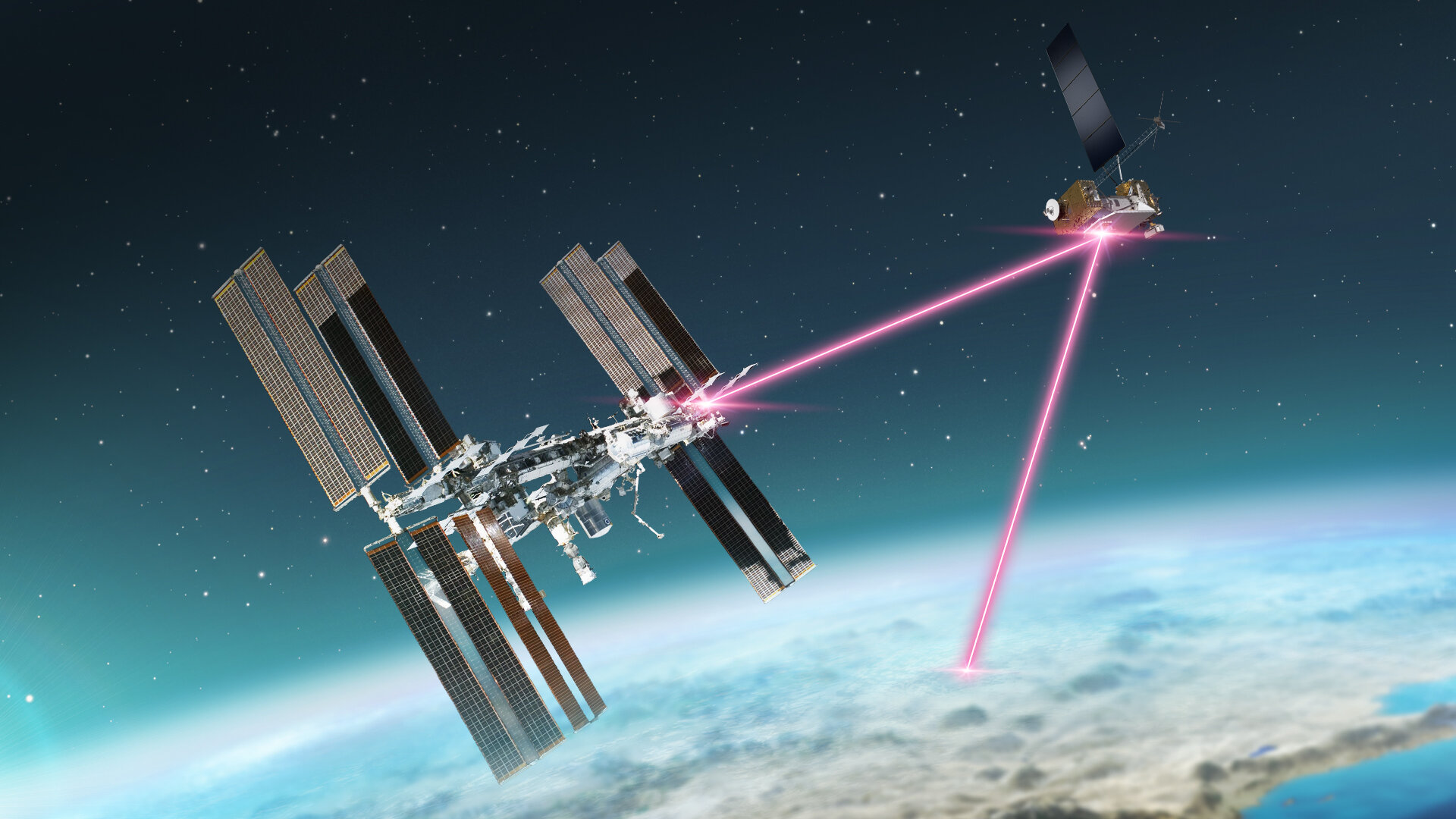 Grafički prikaz prijenosa laserskih komunikacija između Međunarodne svemirske postaje, svemirske letjelice Demonstracije laserskih komunikacija i Zemlje. Zasluge NASADave Ryan.