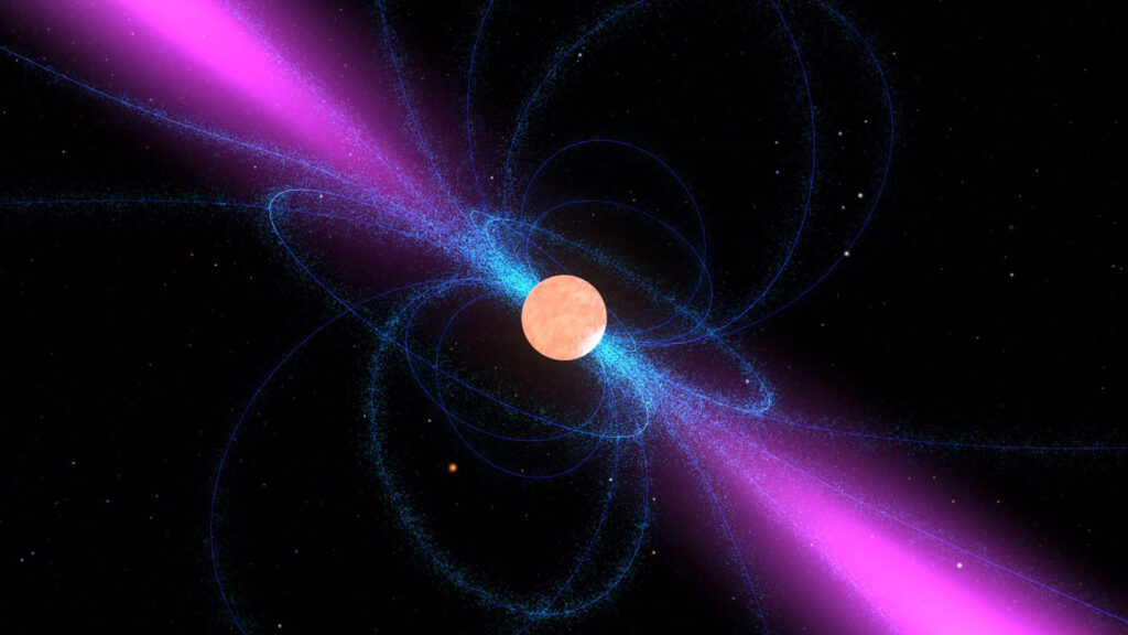 Ova slika prikazuje umjetnički dojam neutronske zvijezde okružene snažnim magnetskim poljem (plavo). Iznad svojih magnetskih polova emitira uski zrak radijskih valova (magenta). Kada rotacija zvijezde usmjeri te zrake prema Zemlji, neutronska zvijezda može biti otkrivena kao radijski pulsar. NASA Goddard/Walt Feimer Vrsta licence: Attribution (CC BY 4.0).