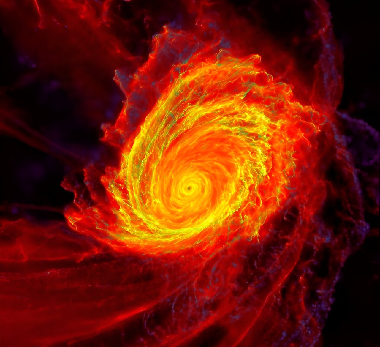 Ova slika iz simulacije prikazuje supermasivnu crnu rupu, ili kvazar, okruženu vrtložnim diskom materijala nazvanim akrecijski disk. Zasluge: Caltech/Phil Hopkins grupa.