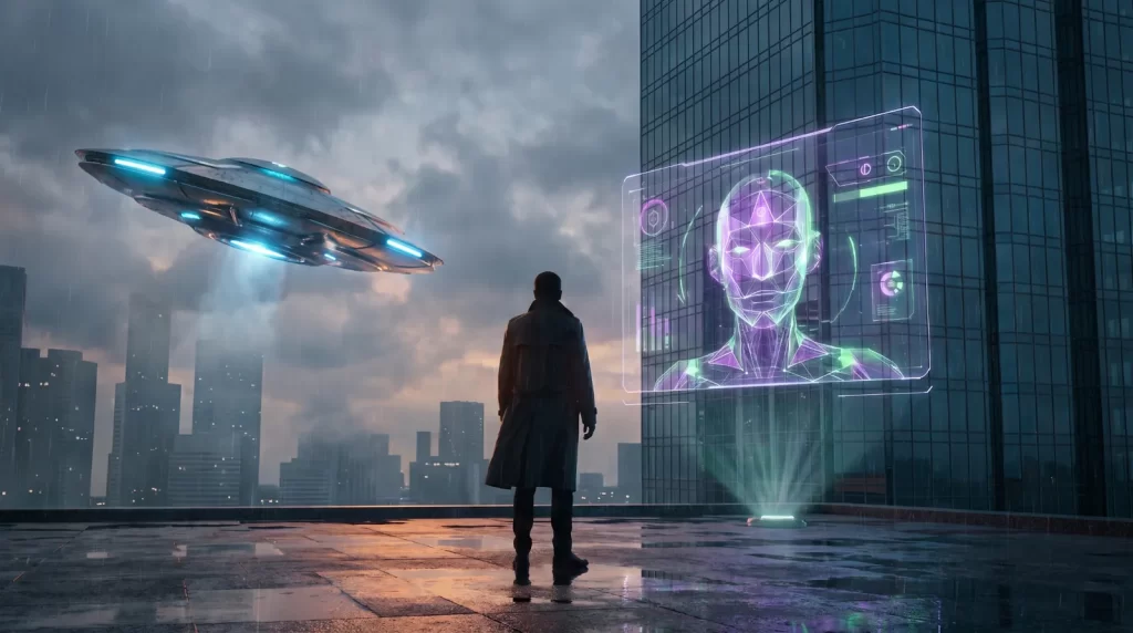 Muškarac stoji na kišnom krovu futurističkog grada dok se u blizini pojavljuje svemirska letjelica i hologramsko lice umjetne inteligencije.