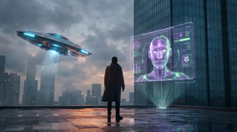 Muškarac stoji na kišnom krovu futurističkog grada dok se u blizini pojavljuje svemirska letjelica i hologramsko lice umjetne inteligencije.