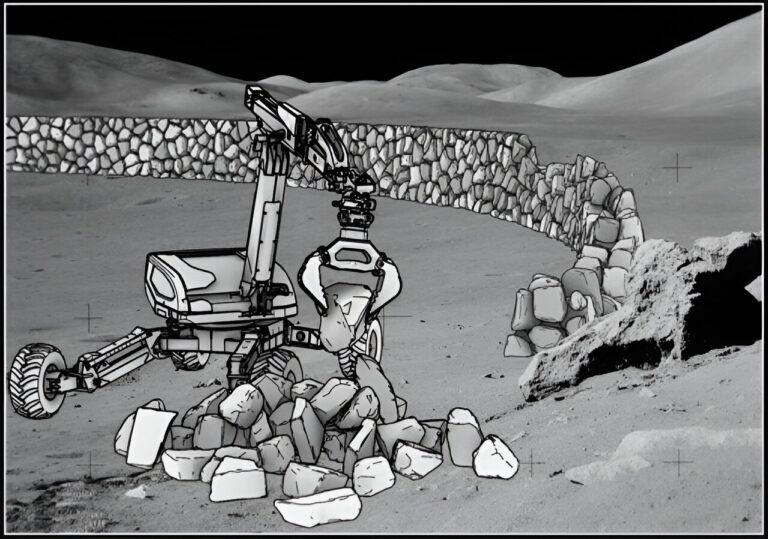 Ilustracija izgradnje zaštitnog zida našom predloženom metodom gradnje. Pozadina: foto zasluga NASA-e, obrada/skeniranje zasluga Kippa Teaguea i NASA Johnson (slika AS17-141–21610), uređeno. Izvor: Frontiers in Space Technologies (2024). DOI: 10.3389/frspt.2024.1345337.