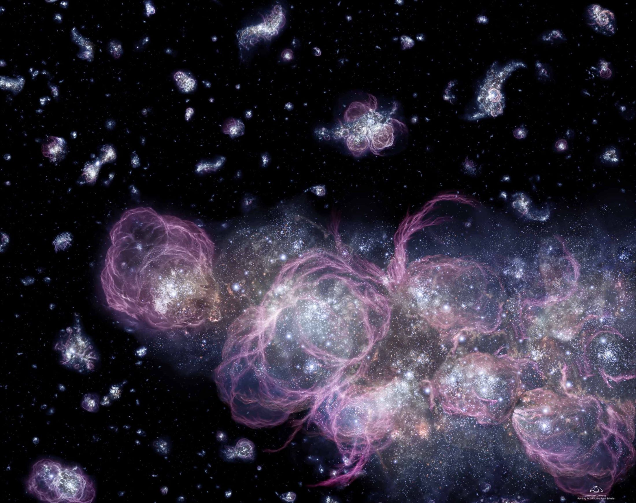 Ova umjetnička vizija prikazuje kako je svemir mogao izgledati kada je bio star manje od milijardu godina, što je otprilike 7 posto njegove sadašnje dobi. U to vrijeme, stvaranje zvijezda ubrzano je trošilo primordijalni vodik, stvarajući nebrojene zvijezde nevjerojatnom brzinom. NASA-in teleskop Nancy Grace Roman će zaviriti u rane faze svemira kako bi razumio kako je svemir prešao iz neprozirnog stanja u blještavu zvjezdanu sliku koju danas vidimo. Zasluge: NASA, ESA i A. Schaller (za STScI).