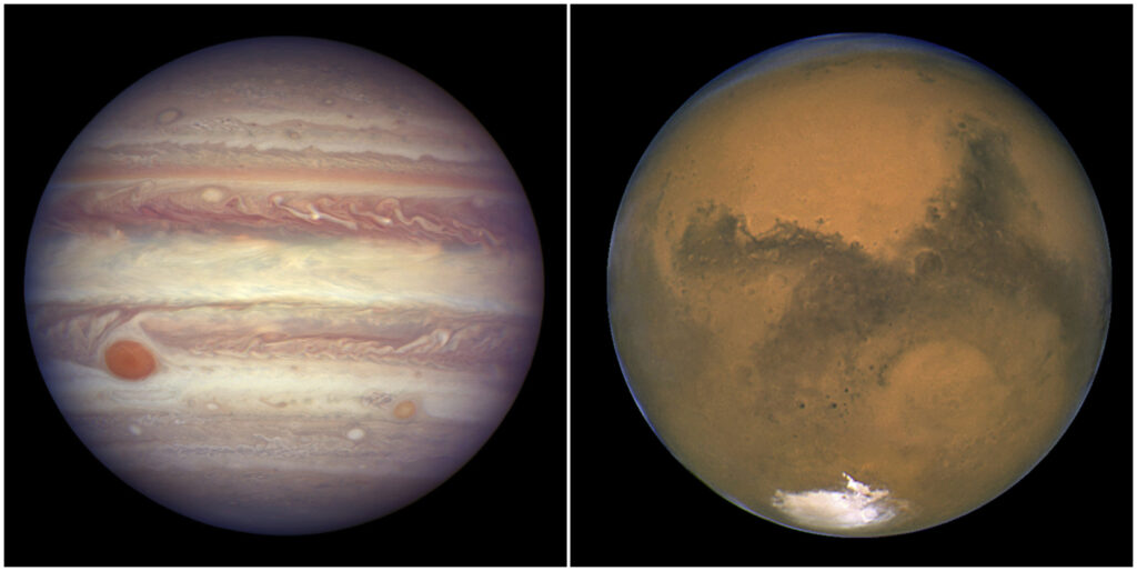 Ova kombinirana slika, sastavljena od dviju fotografija koje je osigurala NASA, prikazuje Jupiter snimljen 3. travnja 2017. godine (lijevo) i Mars snimljen 26. kolovoza 2003. godine (desno). Izvor: NASA.