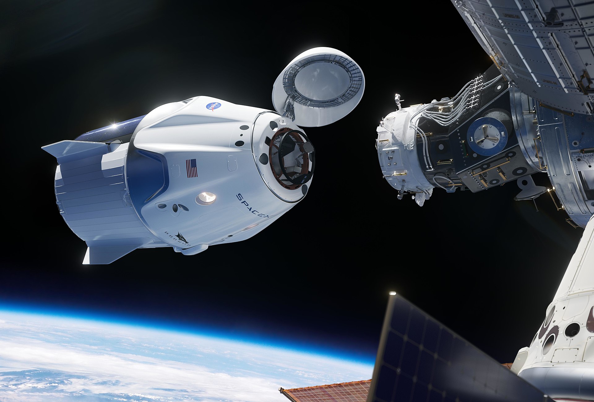 Na ovoj ilustraciji, svemirska letjelica SpaceX Crew Dragon prilazi Međunarodnoj svemirskoj postaji radi pristajanja. Zasluge: NASA/SpaceX.