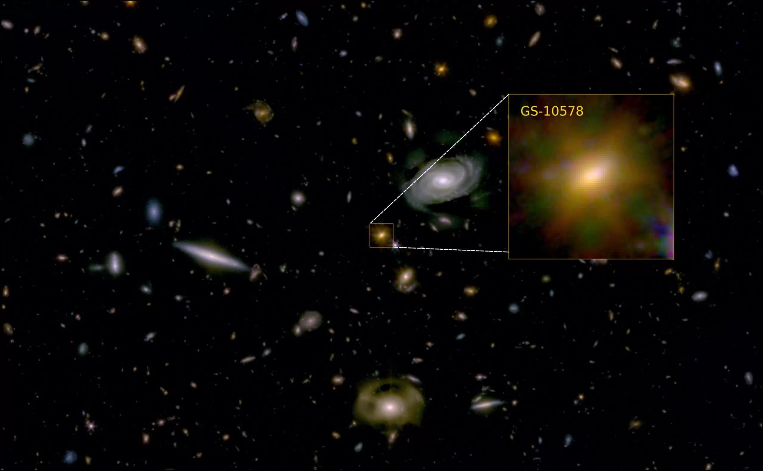 Astronomi su pomoću NASA/ESA Svemirskog teleskopa James Webb potvrdili da supermasivne crne rupe mogu oduzeti galaksijama gorivo potrebno za formiranje novih zvijezda. Međunarodni tim, predvođen znanstvenicima sa Sveučilišta Cambridge, koristio je Webb kako bi promatrao galaksiju veličine Mliječne staze iz ranog svemira, otprilike dvije milijarde godina nakon Velikog praska. Kao i većina velikih galaksija, i ova ima supermasivnu crnu rupu u svom središtu. No, galaksija je praktički "mrtva" jer je gotovo potpuno prestala stvarati nove zvijezde. Izvor: Francesco D'Eugenio