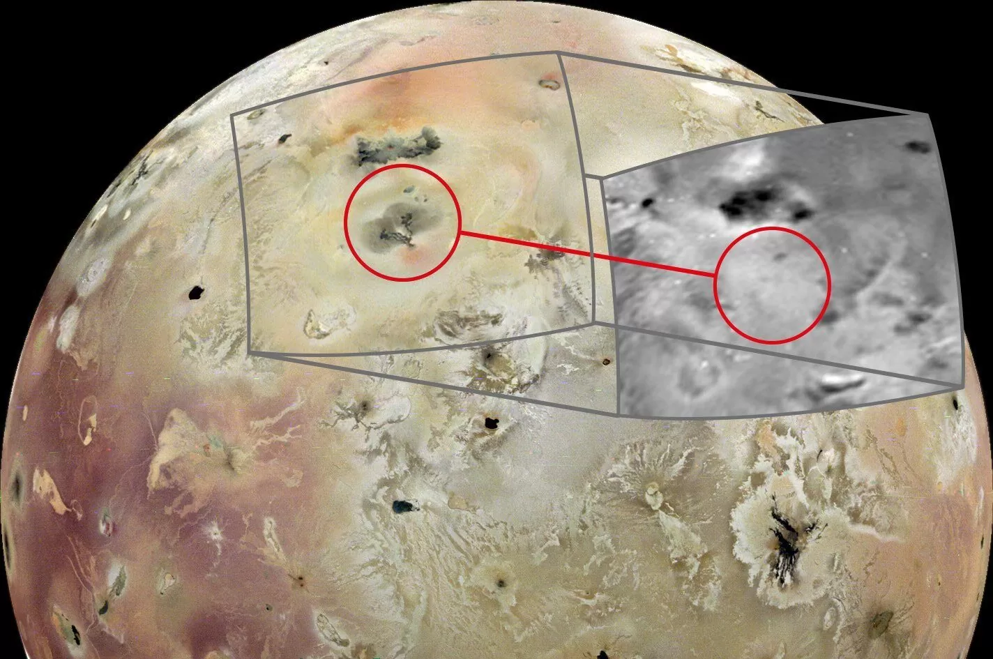 Usporedba podataka s JunoCam-a iz travnja 2024. godine s fotografijama istog područja snimljenim tijekom misije Galileo u studenome 1997. (umetak u sivim tonovima) otkriva novu vulkansku strukturu na površini Jupiterovog mjeseca Ija. Zasluge: NASA/JPL-Caltech/SwRI/MSSS/Europlanet.