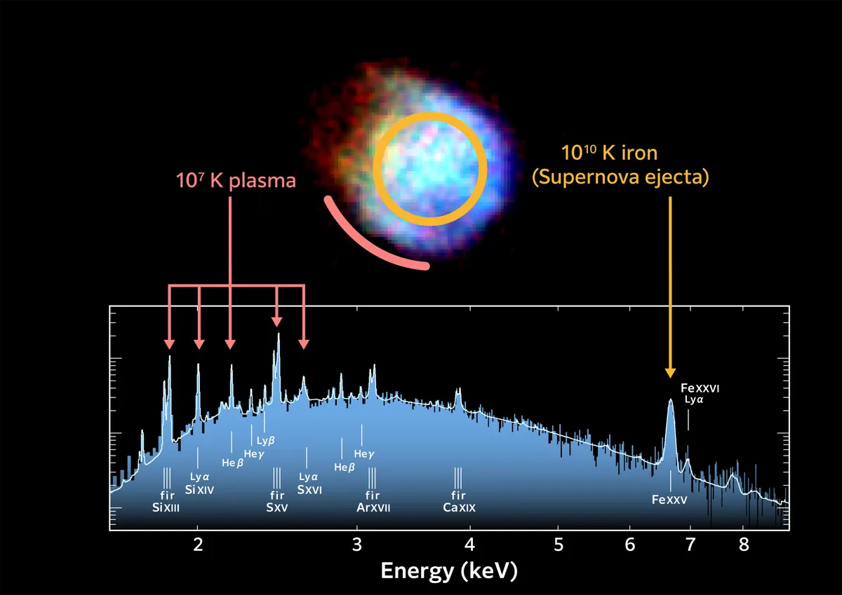 Spektar supernove N132D, prikaz elemenata i temperature plazme.Zasluge za sliku: JAXA.