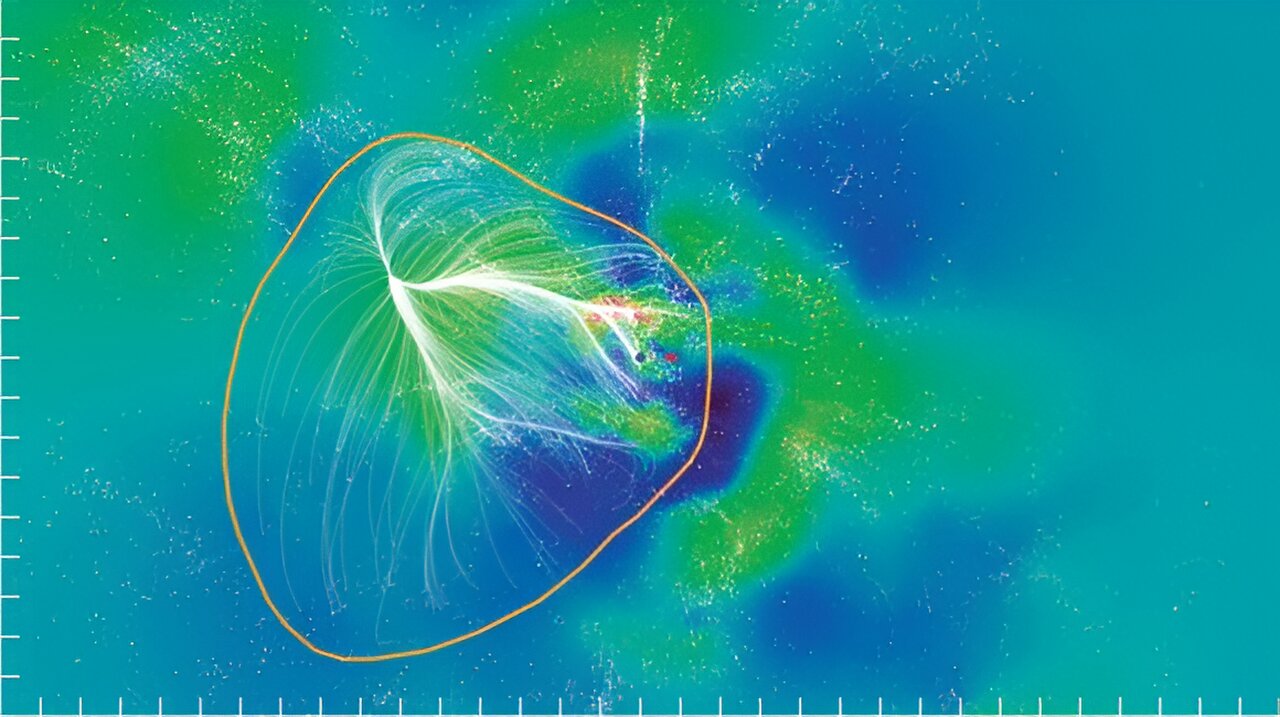 Dio superskupa Laniakea, lokalne gravitacijske regije koja privlači galaksije i skupove. Ova impresivna struktura sadrži brojne galaksije i galaktičke nakupine, uključujući našu Mliječnu stazu. Vizualizacija: SDvision, interaktivni softver razvijen od strane DP u CEA/Saclay, Francuska.