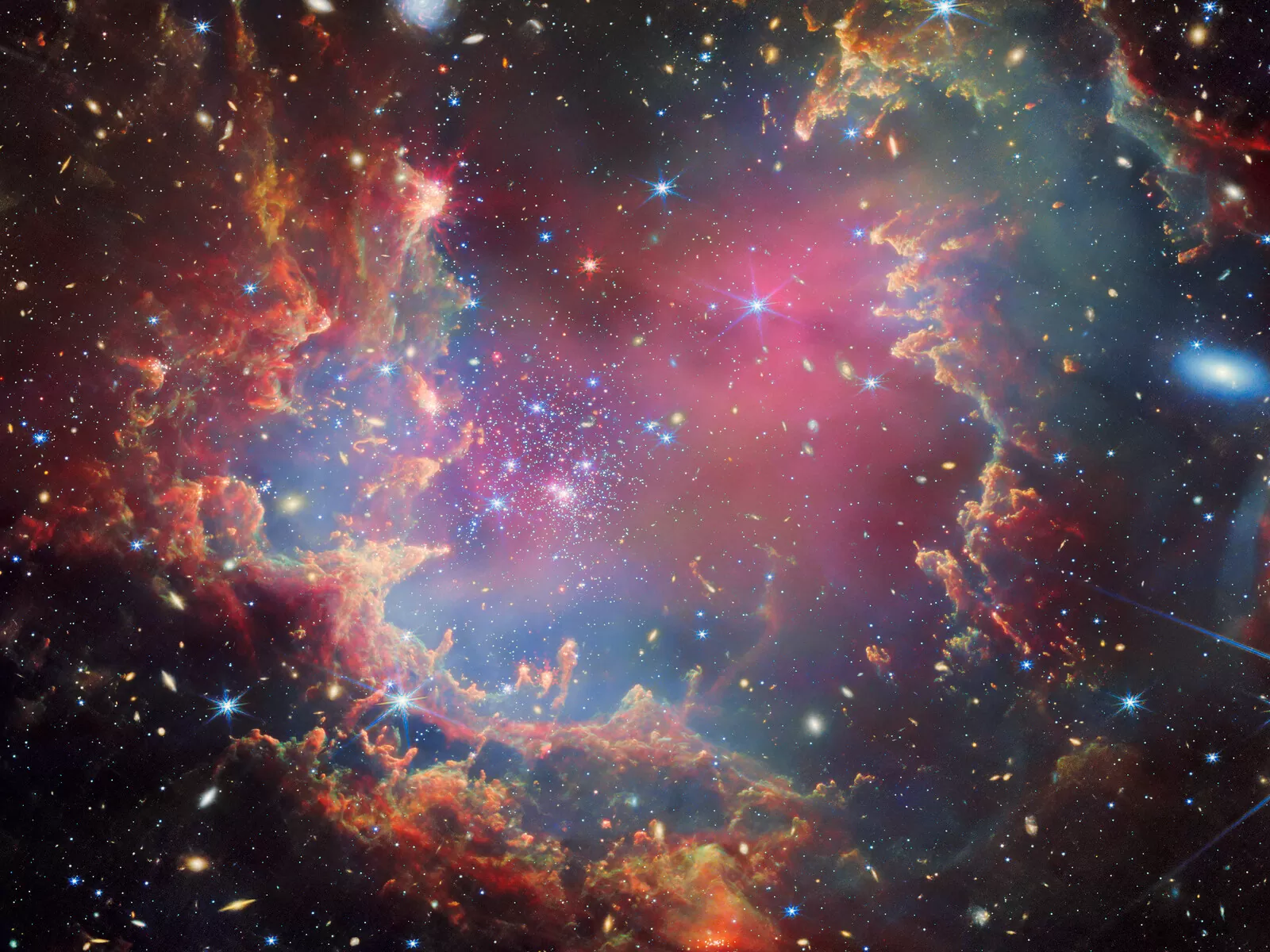 Fotografija NGC 602. Zasluge: ESA/Webb, NASA & CSA, P. Zeidler, E. Sabbi, A. Nota, M. Zamani (ESA/Webb).