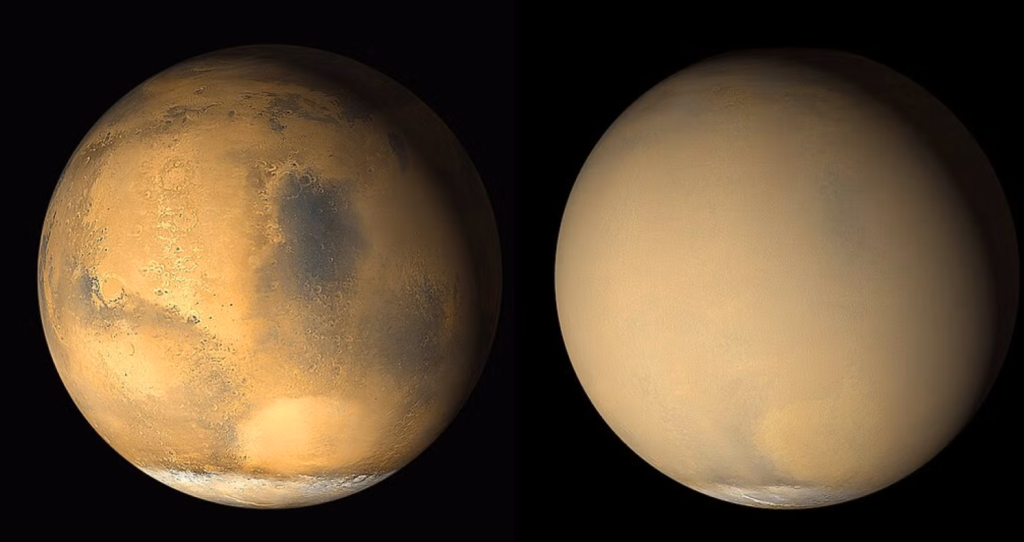 Mars prije (lijevo) i tijekom (desno) globalne prašnjave oluje 2001. godine. (Izvor: NASA/JPL/MSSS).