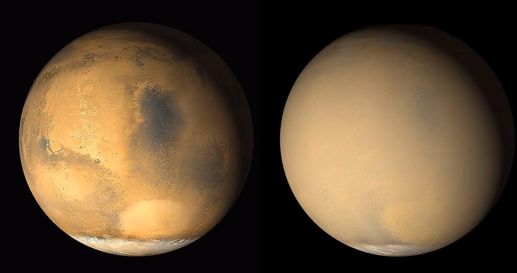 Mars prije (lijevo) i tijekom (desno) globalne prašnjave oluje 2001. godine. (Izvor: NASA/JPL/MSSS).