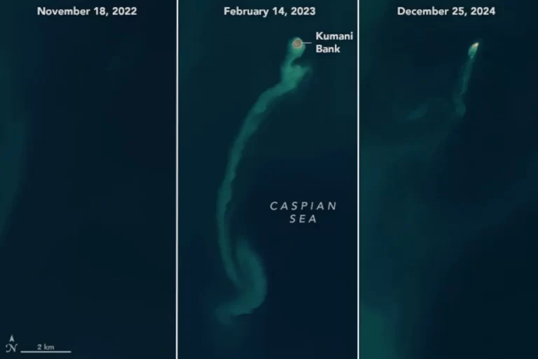 Otok izronio iz Kaspijskog mora nakon snažne erupcije blatnog vulkana. Zasluge: NASA.
