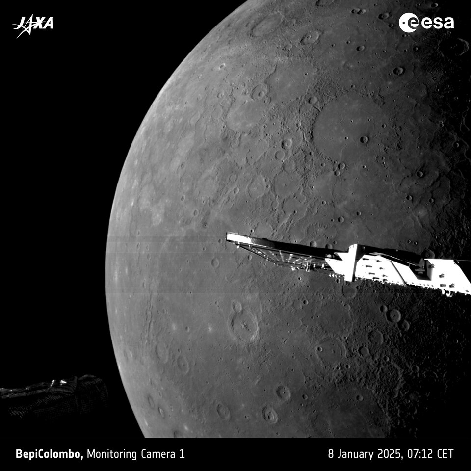 Sunčani sjeverni pol Merkura snimljen kamerom M-CAM 1. Zasluge: ESA/BepiColombo/MTM.