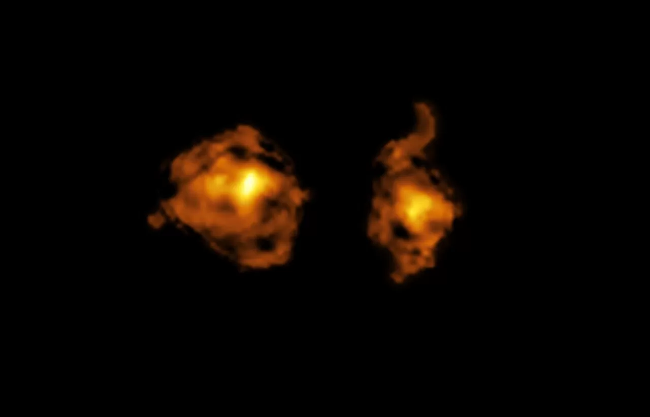 Ova snimka, zabilježena pomoću Atacama Large Millimeter/submillimeter Array (ALMA), prikazuje raspored molekularnog plina u dvjema galaksijama koje sudjeluju u kozmičkom sudaru. Izvor: ALMA (ESO/NAOJ/NRAO) / S. Balashev i P. Noterdaeme et al.