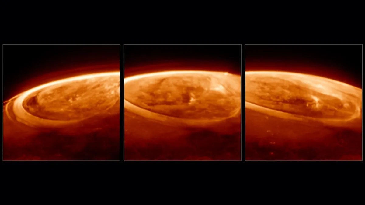 Tri promatranja Jupiterovih polarnih svjetlosti u infracrvenom spektru. Izvor: NASA, ESA, CSA, Jonathan Nichols (Sveučilište u Leicesteru), Mahdi Zamani (ESA/Webb)