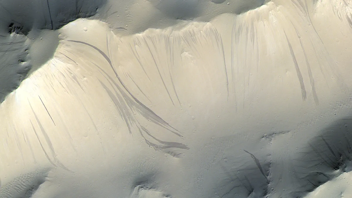 Tamne pruge na Marsu snimljene tijekom misije ExoMars. Površina prikazana na fotografiji obuhvaća oko 50 četvornih kilometara (19 četvornih milja). Izvor fotografije: ESA.