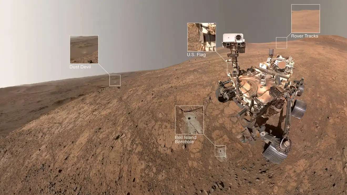 Pedeset i devet pojedinačnih snimaka spojeno je u ovaj selfie rovera Perseverance.Izvor: NASA/JPL-Caltech/MSSS.