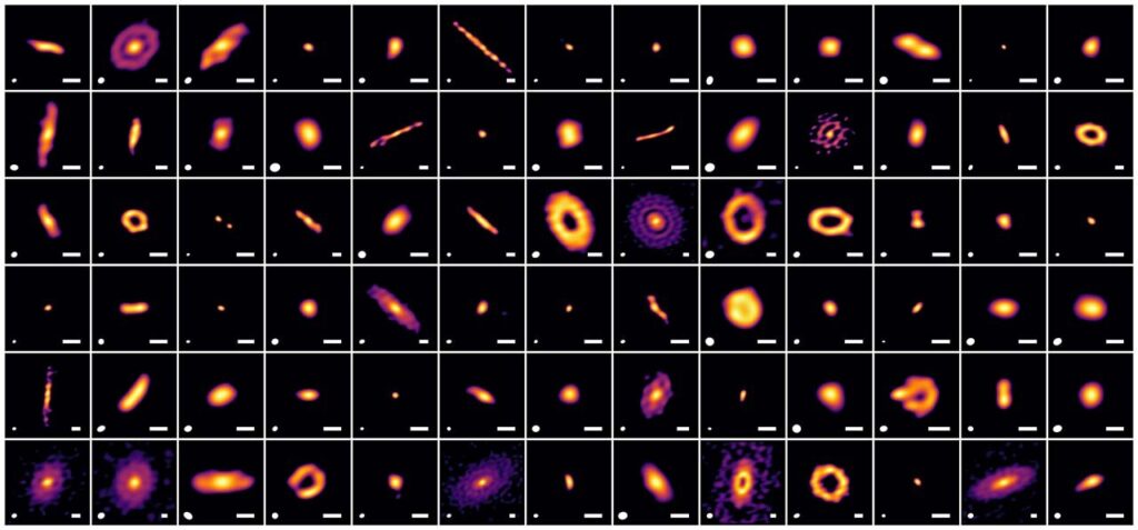 Nove slike visoke rezolucije prikazuju protoplanetarne diskove u zvjezdanom rasadniku Ophiuchus, dobivene pomoću napredne analize podataka. Razlučivost svake snimke prikazana je bijelom elipsom u donjem lijevom kutu — manja elipsa označava veću razlučivost. Bijela crta u donjem desnom kutu označava mjerilo od 30 astronomskih jedinica (au). Evolucijska faza središnjih zvijezda napreduje s lijeva na desno te od vrha prema dnu unutar svakog reda. Izvor: ALMA (ESO/NAOJ/NRAO), A. Shoshi i sur.