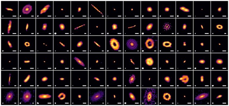 Nove slike visoke rezolucije prikazuju protoplanetarne diskove u zvjezdanom rasadniku Ophiuchus, dobivene pomoću napredne analize podataka. Razlučivost svake snimke prikazana je bijelom elipsom u donjem lijevom kutu — manja elipsa označava veću razlučivost. Bijela crta u donjem desnom kutu označava mjerilo od 30 astronomskih jedinica (au). Evolucijska faza središnjih zvijezda napreduje s lijeva na desno te od vrha prema dnu unutar svakog reda. Izvor: ALMA (ESO/NAOJ/NRAO), A. Shoshi i sur.