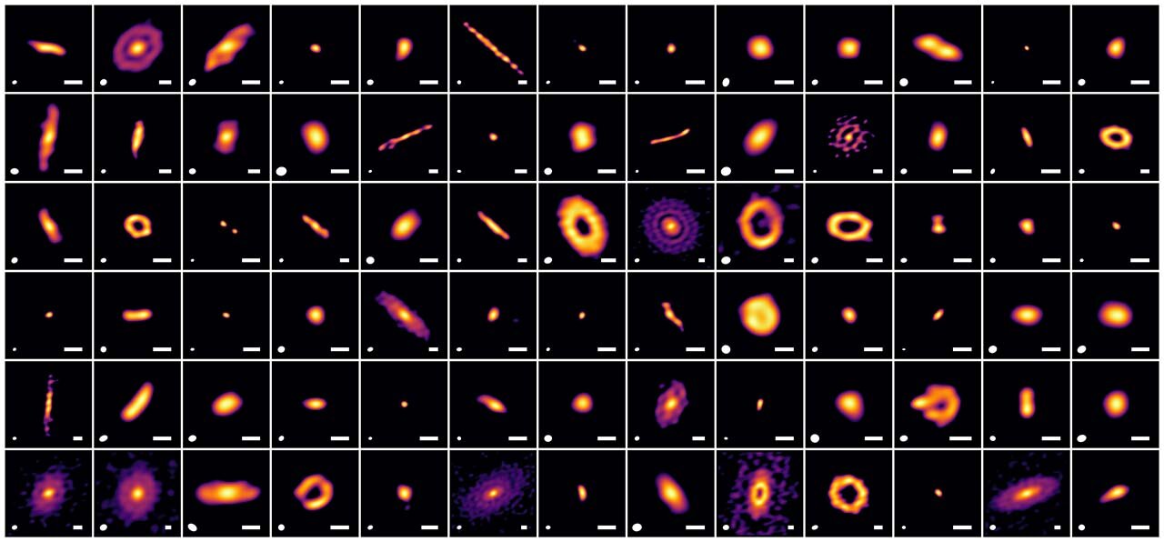 Nove slike visoke rezolucije prikazuju protoplanetarne diskove u zvjezdanom rasadniku Ophiuchus, dobivene pomoću napredne analize podataka. Razlučivost svake snimke prikazana je bijelom elipsom u donjem lijevom kutu — manja elipsa označava veću razlučivost. Bijela crta u donjem desnom kutu označava mjerilo od 30 astronomskih jedinica (au). Evolucijska faza središnjih zvijezda napreduje s lijeva na desno te od vrha prema dnu unutar svakog reda. Izvor: ALMA (ESO/NAOJ/NRAO), A. Shoshi i sur.