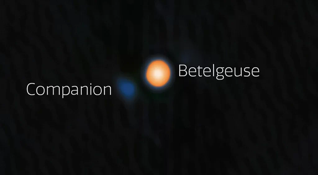 Prvi izravni snimak zvjezdanog pratitelja Betelgeza, uočen pomoću instrumenta ‘Alopeke na teleskopu Gemini North. Plava boja ukazuje na vruću zvijezdu tipa A ili B. Otkriće objašnjava višegodišnje promjene u sjaju Betelgeza. Zasluge: NOIRLab/Gemini/NSF/AURA, obrada: M. Zamani.