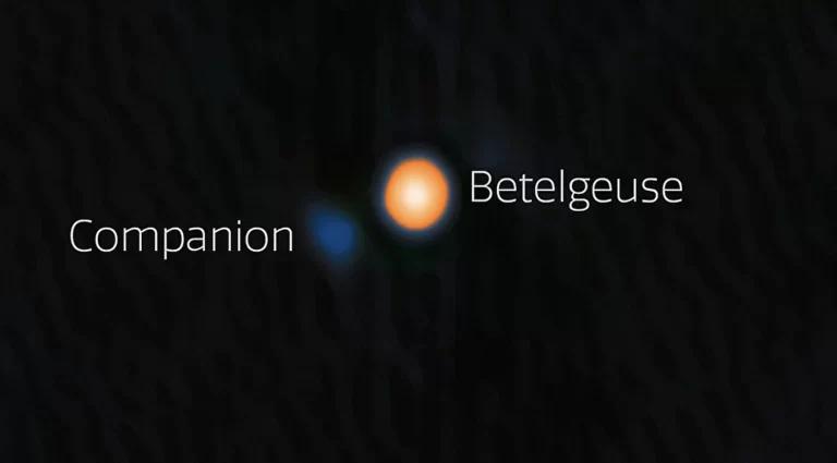 Prvi izravni snimak zvjezdanog pratitelja Betelgeza, uočen pomoću instrumenta ‘Alopeke na teleskopu Gemini North. Plava boja ukazuje na vruću zvijezdu tipa A ili B. Otkriće objašnjava višegodišnje promjene u sjaju Betelgeza. Zasluge: NOIRLab/Gemini/NSF/AURA, obrada: M. Zamani.