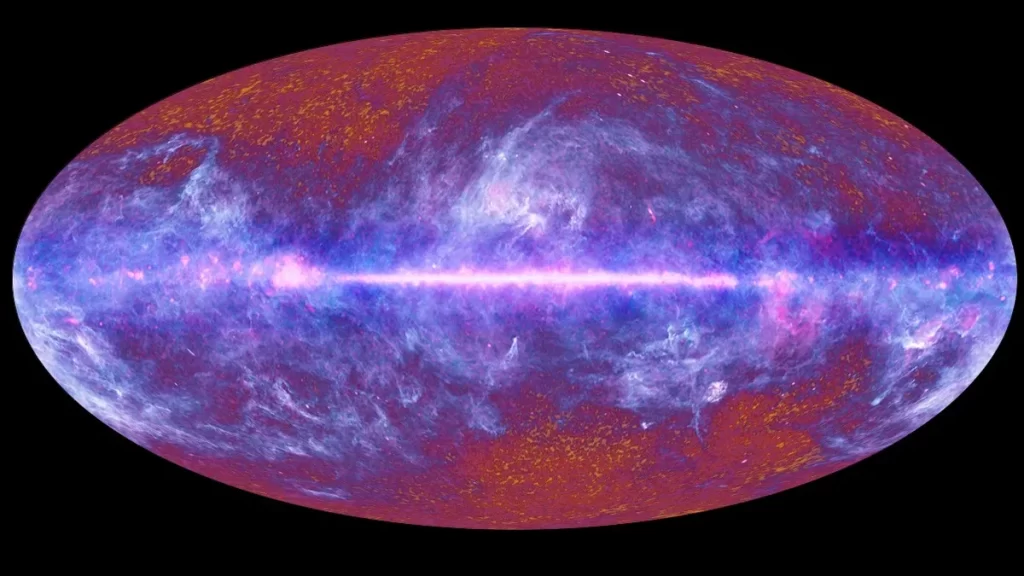 Ova karta cijelog neba, izrađena na temelju podataka sa satelita Planck Europske svemirske agencije, prikazuje ostatke Velikog praska — zračenje koje potječe iz najranijih faza svemira. (Izvor slike: ESA / LFI & HFI Consortia)